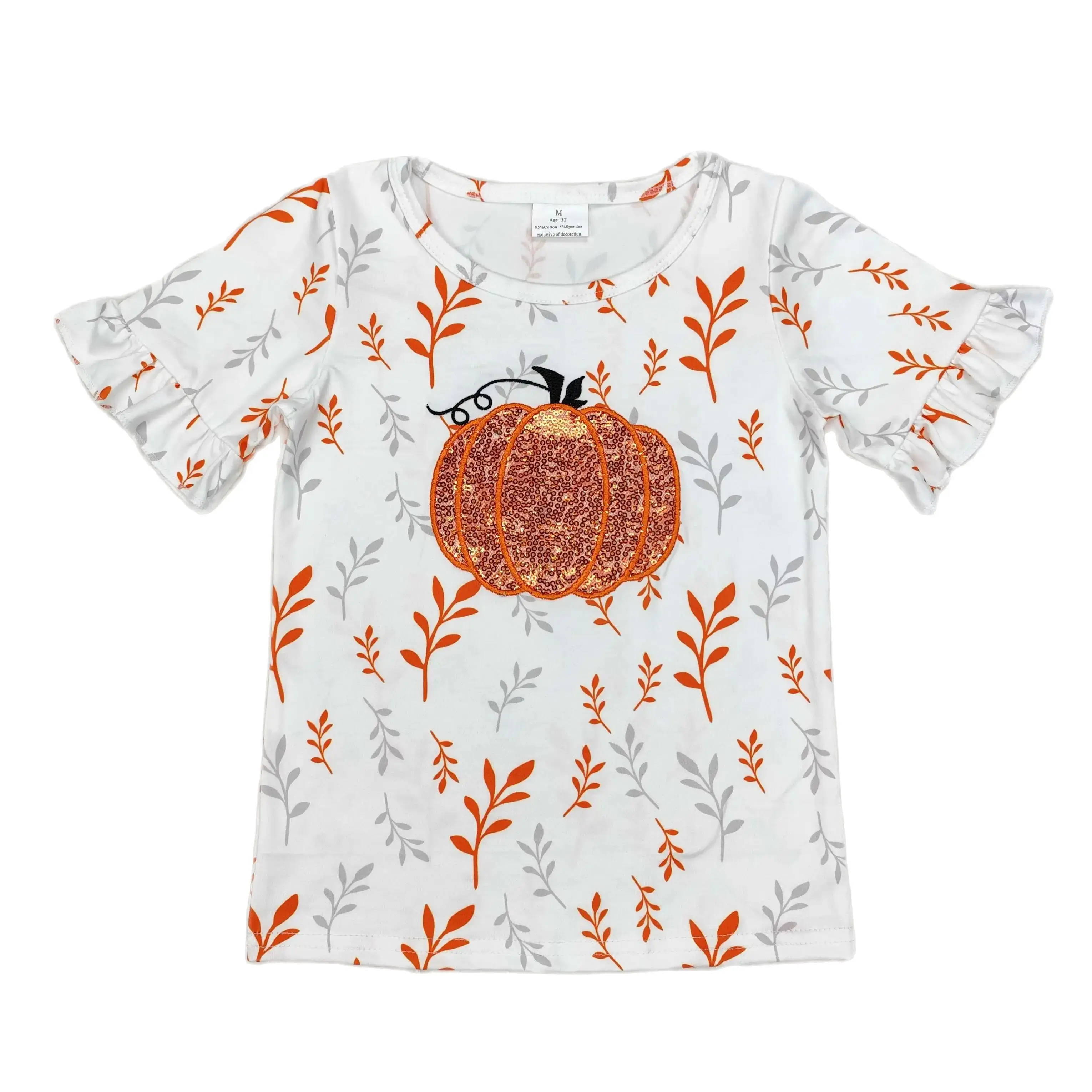 GT0824 Fashionable And Good-Looking Girls Clothes Short Sleeve Sequin Pumpkin White Print With Children Clothes Rts No Moq