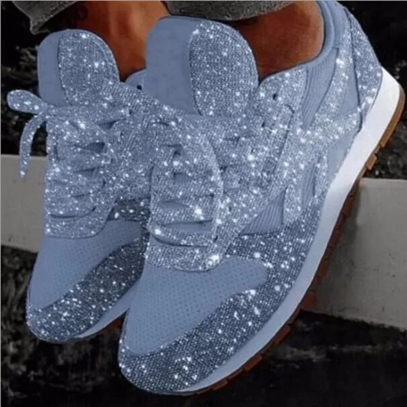 Women Flat Glitter Sneakers Casual Bling Vulcanized Shoes Female Mesh Lace Up Platform Comfort Plus Size Fashion Ladies Autumn