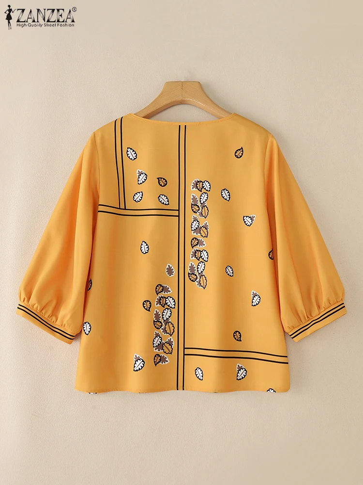 ZANZEA Vintage Women Printed Blouse 2025 Autumn Puff Sleeve Shirts Casual Tunic Tops Fashion O-Neck Loose Oversized Clothing