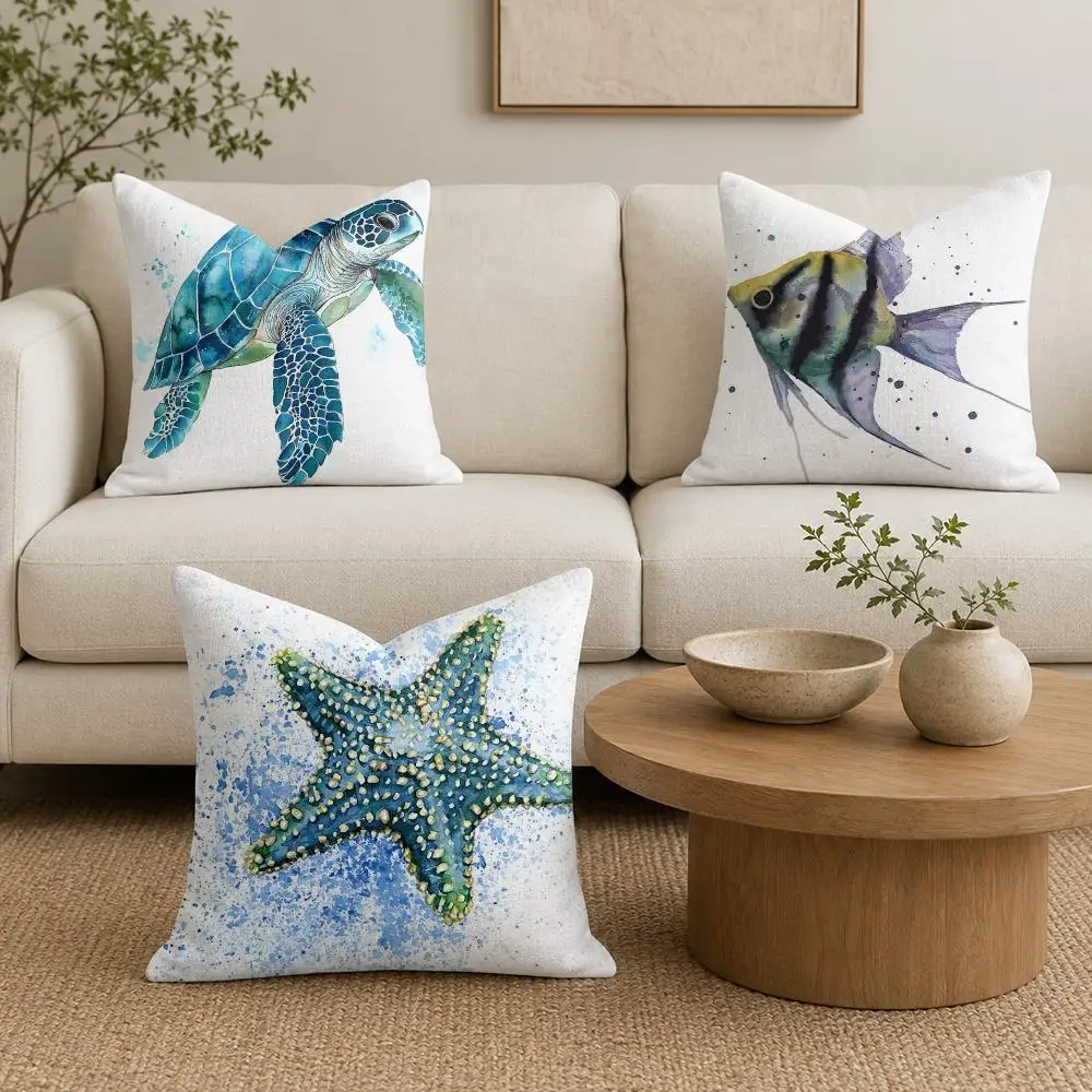Sea Animal Turtle Coral Cushion Cover Natural Linen Organic Fabric Double-Sided Printing Sofa Home Decor Gift Pillow Cover