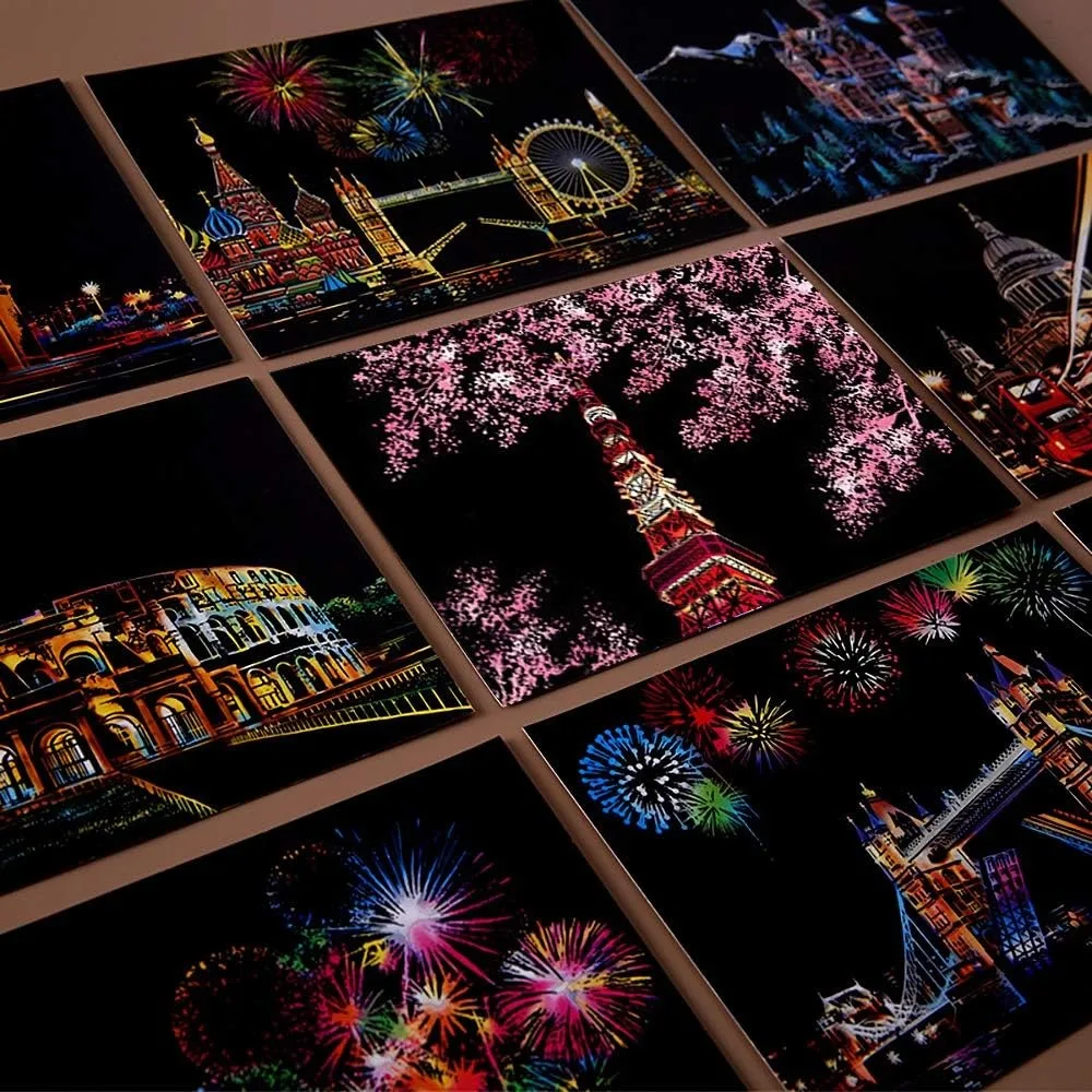 Magic Scratch art paper, mini envelope postcards, Rainbow Night view scratch board, for both adults and children