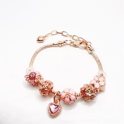Fashion Gorgeous Rose Gold Color Alloy Heart Pendant Flower Shape Beaded Chain Bracelet for Women Couple Daily Wear Jewelry Gift