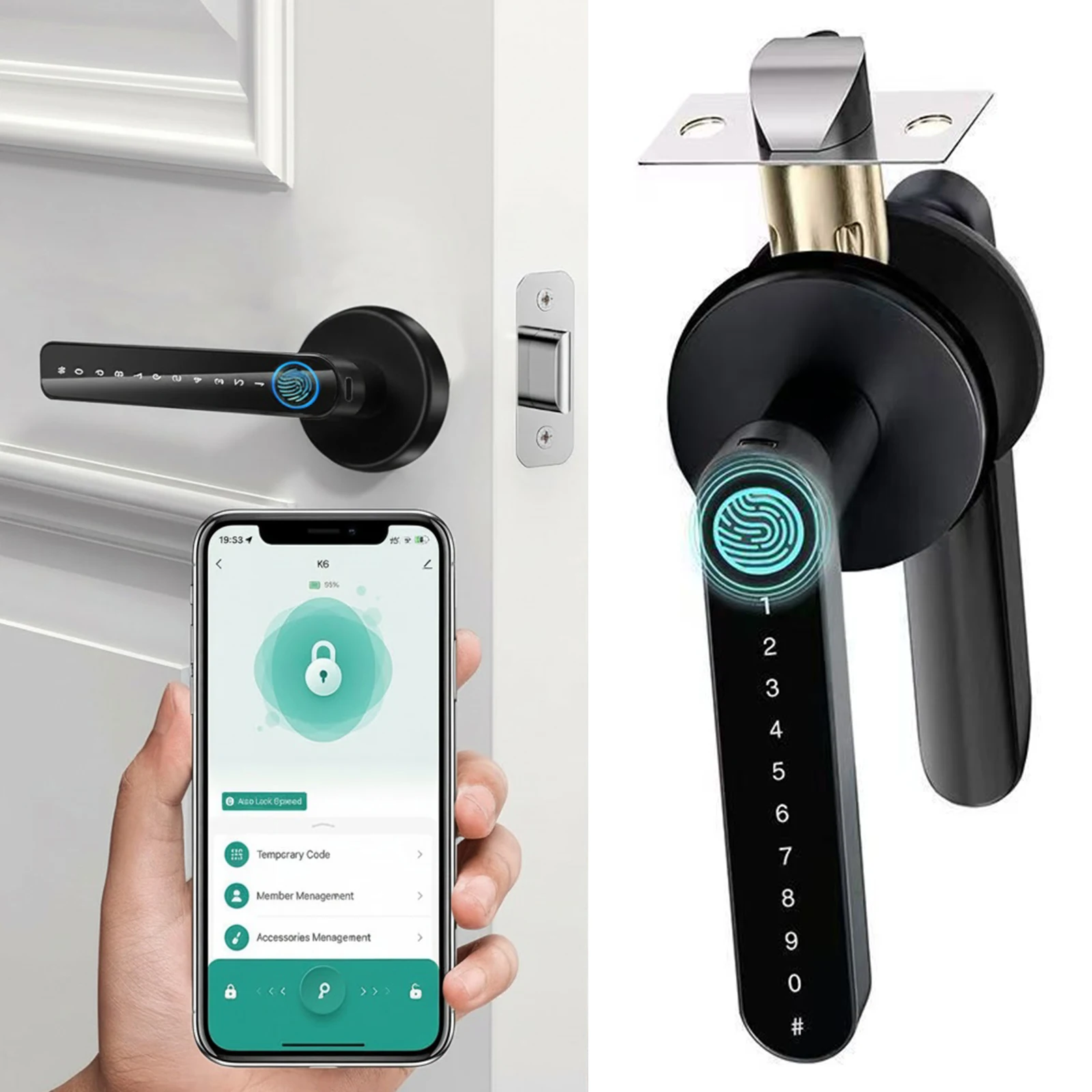 

Дверной замок с функцией распознавания отпечатков пальцев и ручкой, с управлением через приложение/ключ/IC-карту для спальни, дома, отеля, офиса, квартиры