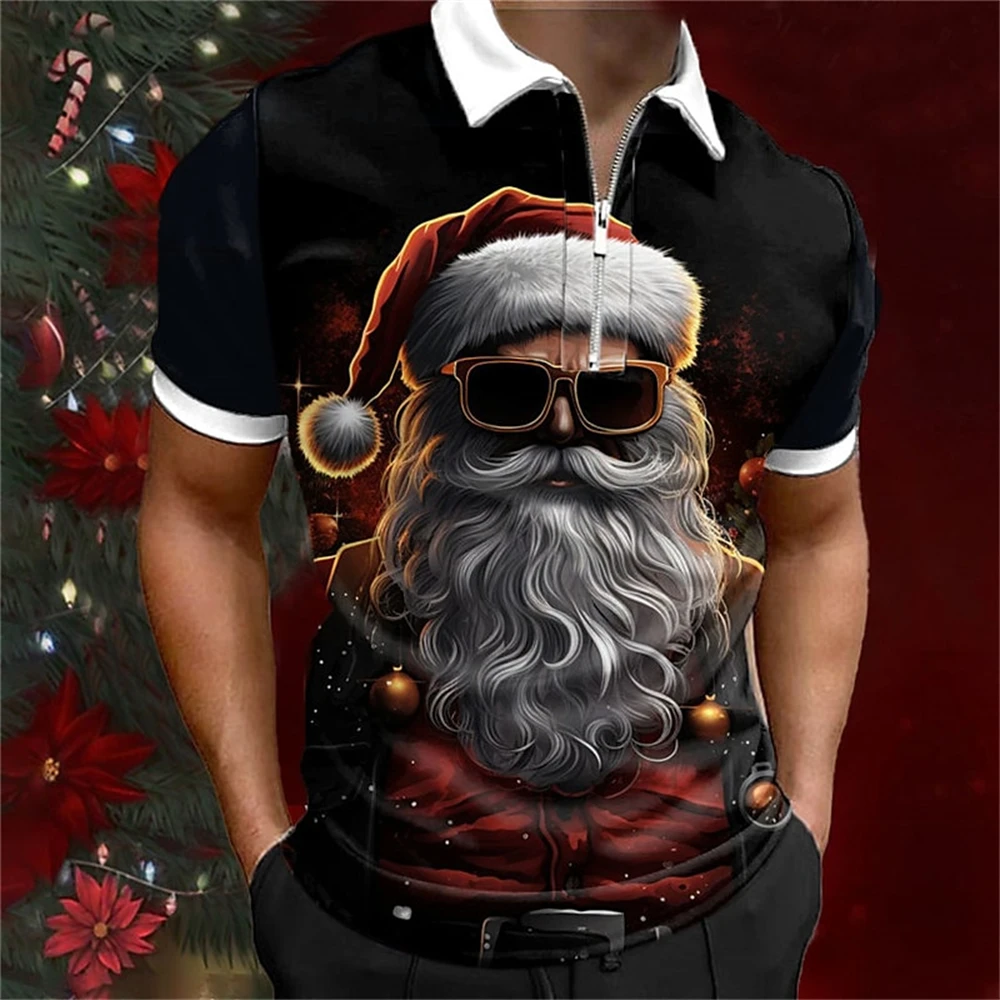 Christmas Men's T-Shirt Funny Santa Claus 3d Print Short Sleeve Polo Shirts Micro Elastic Oversized Zip Polo Shirts Men Clothing