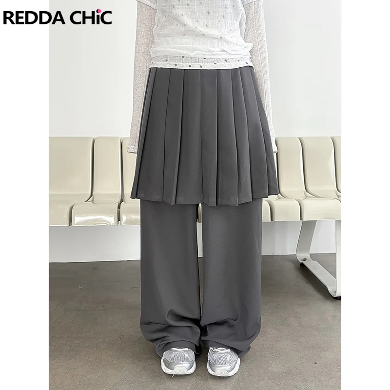 

Брюки-юбка ReddaChic серые многослойные с низкой талией, прямые, широкие, плиссированные, для дома и офиса, женская одежда