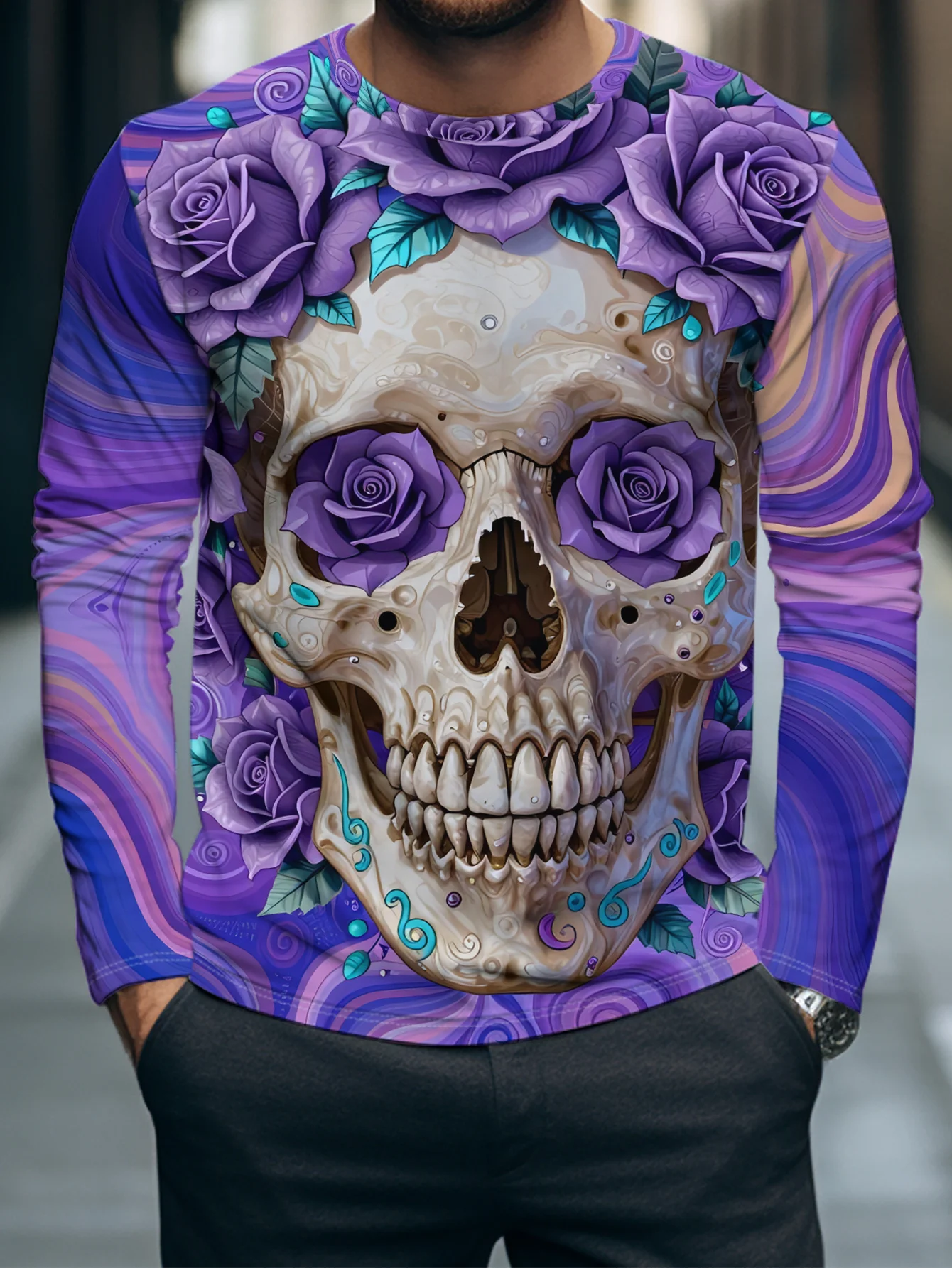 Men Long Sleeve T‑Shirt Sugar Skull Purple Rose Swirl Print Crew Neck Gothic Day Of Dead Casual Tops