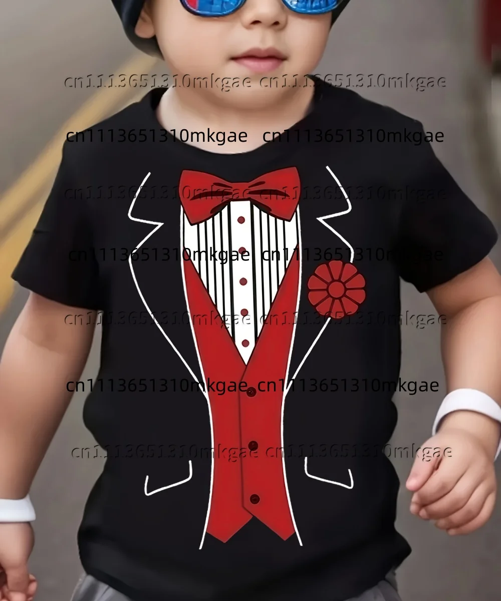 Kids Tuxedo Print Short Sleeve T-Shirt Fake Suit Graphic Tee Bow Tie Red Rose Round Neck Casual Tops Men's Shirt Kids T-shirt