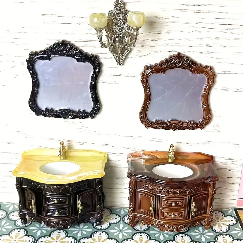 

1set Dollhouse Mini Vintage Bathroom Vanity Set with Functional Drawers and Mirror ABS Plastic Model Dollhouse Furniture Decor