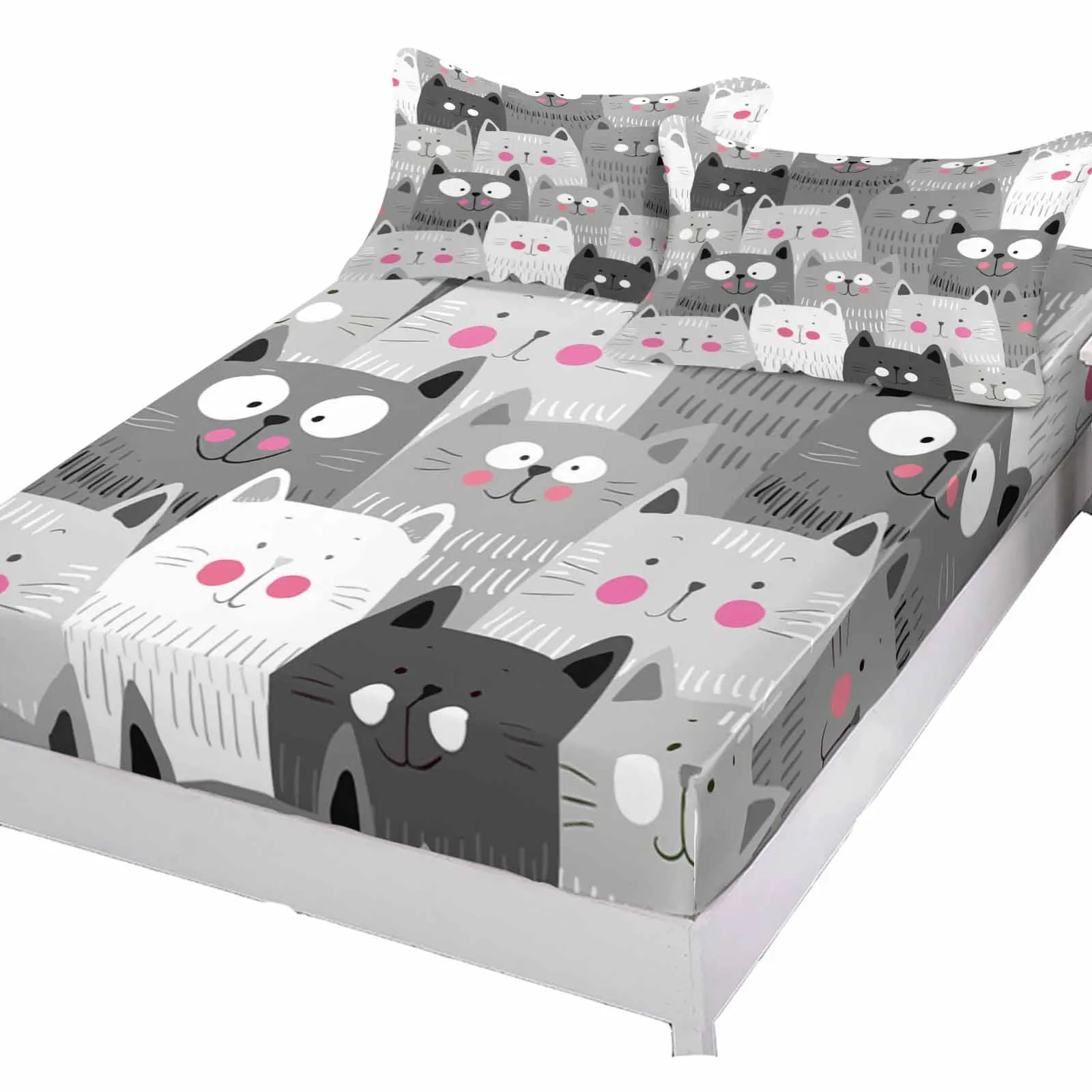 Cartoon Grey Cat Fancy Cute Cats Queen Size Bed Mattress Fitted sheet Elastic Rubber Band Non-slip Bed Sheet Pillowcase Set