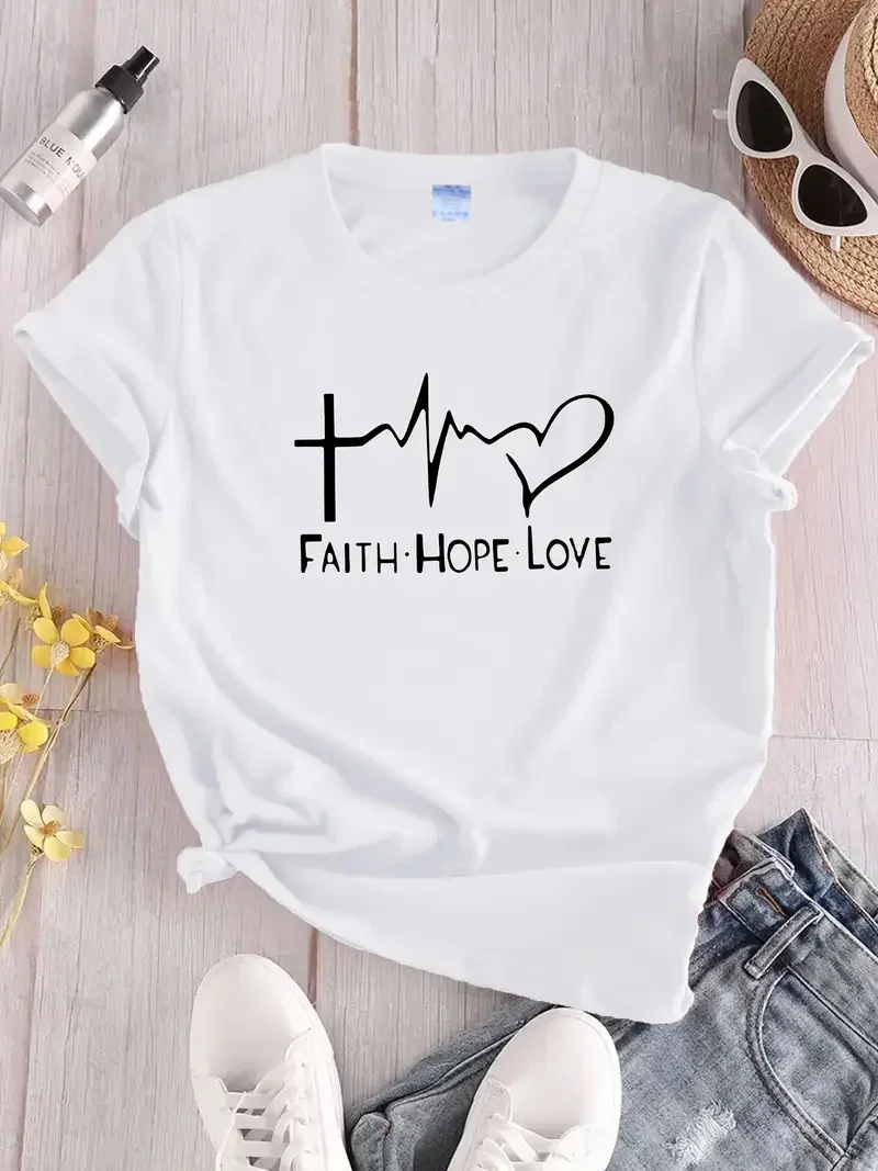 Camiseta con estampado gráfico para mujer, Tops informales de todos los días, camisa de cuello redondo de manga corta de dibujos animados para regalos del Día de San Valentín, ropa para mujer