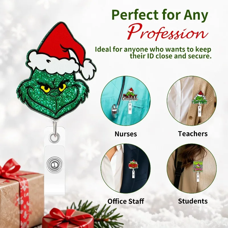 Christmas Green Monster Badge Reel Retractable ID Holder with Glitter Acrylic Green G Easy Pull Office Holiday Fun Pendant