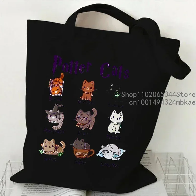 Canvas Tote Bag for Women Potter Cats Handbag Harajuku Animal Shopper Bags Cartoon Cat  Aesthetic Tote Bag Female Shoulder Bag