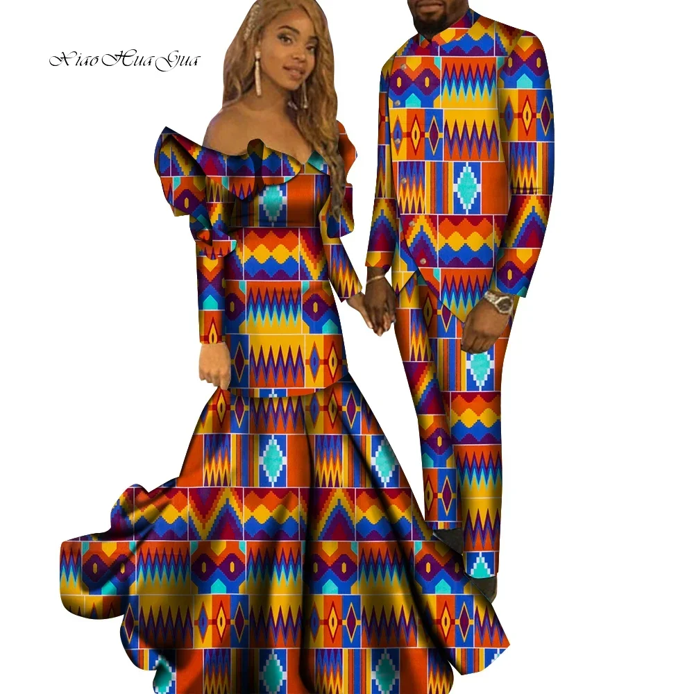 African Couple Clothes Suits Long Maxi Dresses for Women African Men Pants Suits Set Matching Clothing for Party Wedding WYQ748