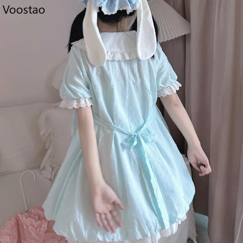 Japanese Sweet Lolita Style Dress Women Kawaii Bow Peter Pan Collar Cartoon Doggy Embroidery Cotton Dresses Y2k Cute Mini Dress