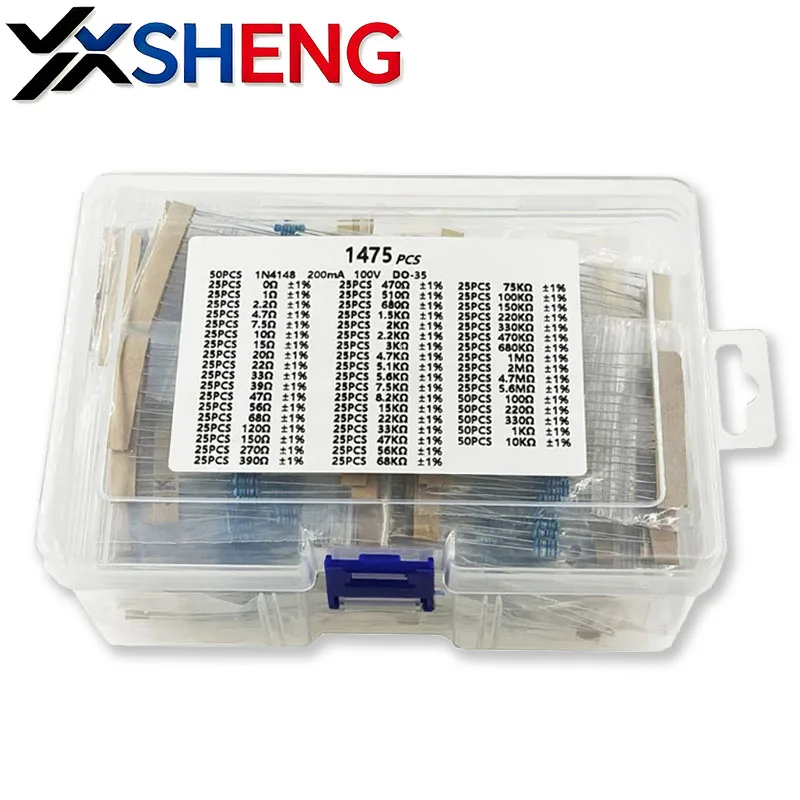 

1/4W Metal Film Resistor Kit 1475PCS 1% 0 Ohm ~ 5.6M Ohm With 1N4148 Rectifier Diodes Mixed KIT