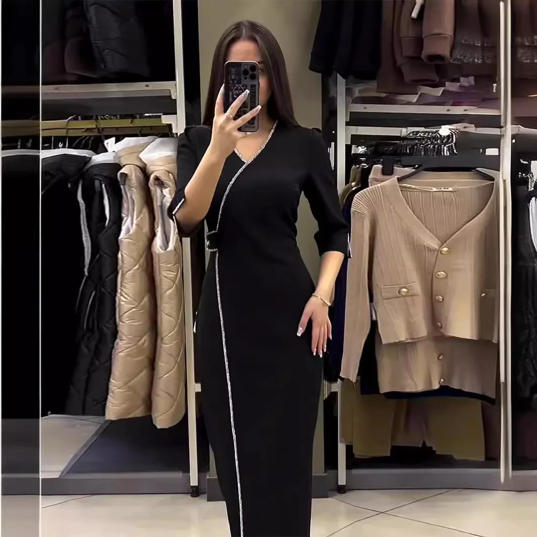 Women\'s Maxi Dresses Summer Stylish Y2k Sexy V-neck Hot Drill Slim Style Split Seven-point Sleeve Long Dress 2024 Summer Dress
