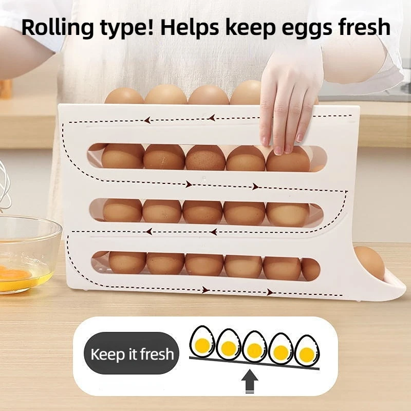 4 Tier Egg Storage Box Organizer for Refrigerator Rolling Egg Organizer Holder Fridge Storage Organizer Food Storage Container