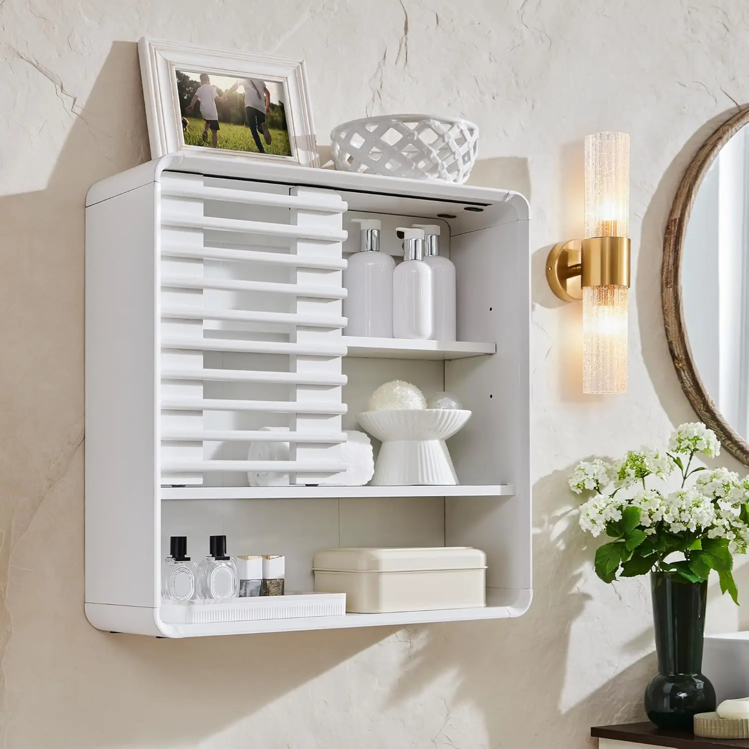 Bathroom Wall Cabinet, Mid-Century Medicine Cabinet with Slatted Sliding Door, Adjustable Shelf & Curved Edges, Storage Cabinet