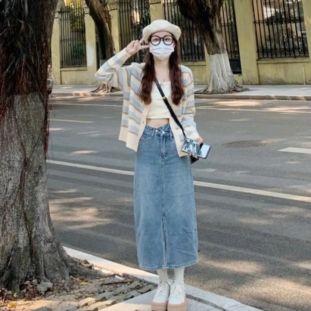 여성용 스트라이프 니트 가디건 재킷 초가을 얇은 부드러운 한국식 시크 짧은 긴 소매 탑