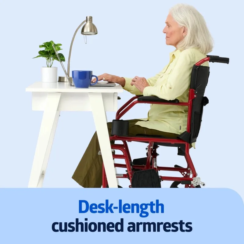 大人用超軽量移動車椅子、折りたたみ式、シート幅19インチ、レッド