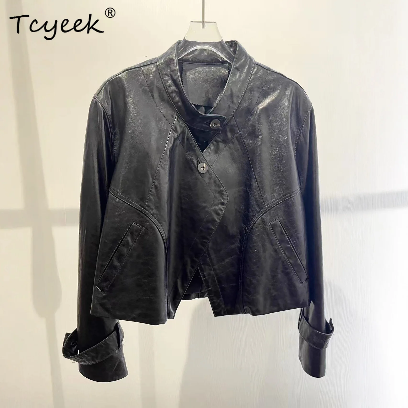 Tcyeek Oil Wax Sheepskin Coat for Woman Real Leather Jacket Women Spring Autumn Clothes Stand Fashion Loose Fit Куртка Кожаная