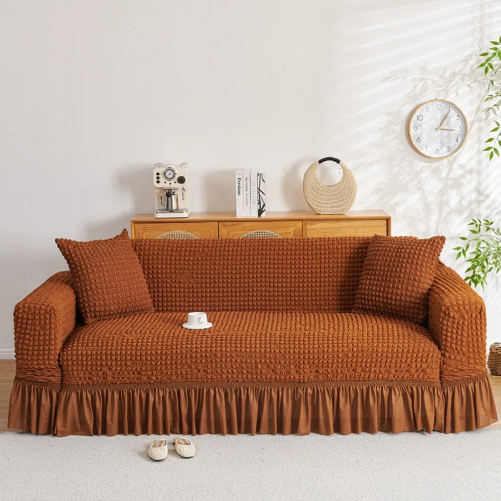 

High Elastic Seersucker Grid Sofa Cover 1/2/3/4 Seater Universal Sofa Protecter with Skirt Hem Dirt-resistant Sofa Slipcover
