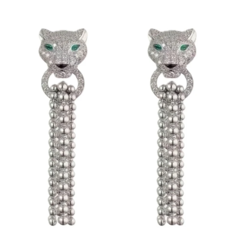

Real Silver 925 With High Carbon Diamond Leopard Head Long Bead Tassel Dangle Earrings Panther Fine Luxury Jewelry For Women