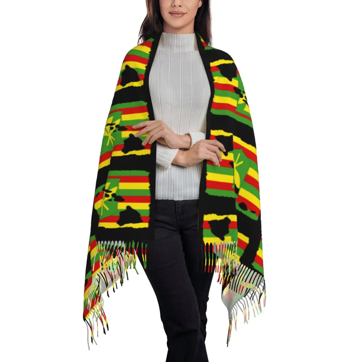 Hawai'i Kanaka Maoli Flag Scarf Tassel Scarves for Women Soft Warm Shawls and Wraps Long Fall Winter Shawl Wrap