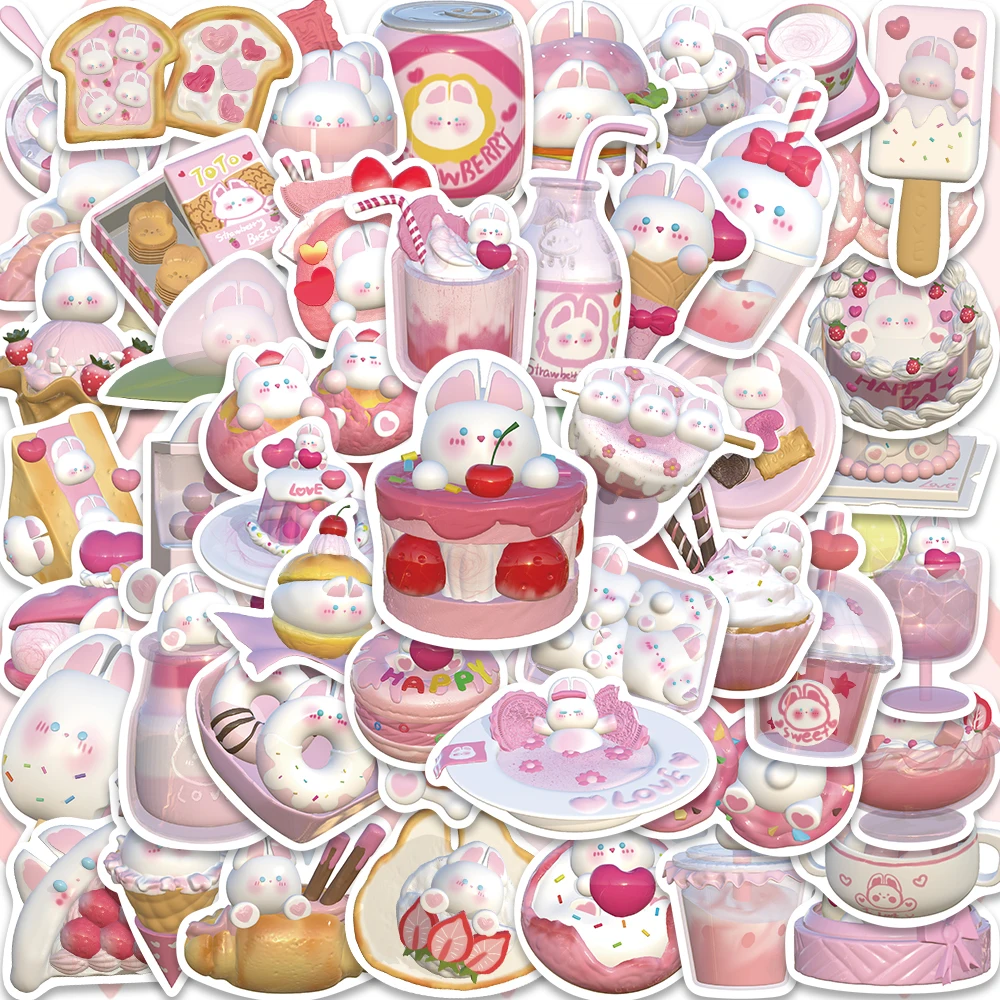 50PCS 3D Pink Strawberry Pudding Rabbit Girl Cute Stickers Suitcase Laptop Scrapbook Phone Diary Luggage Decal Kids Sticker