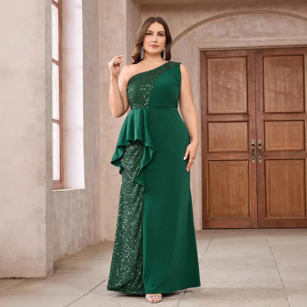Nuovo Plus Size Donna Monospalla Paillettes Aderente Sottile Elegante Abito da Sera Lungo Economico 2025 Abito Estivo Robe Vestido Donna