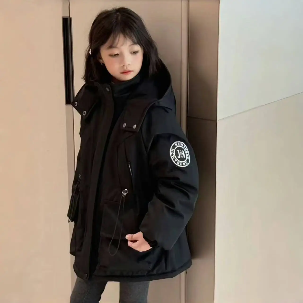 Winter Junior Girls Woolen Jackets Sticker Fleece Thick Warm Children Girls Outerwear Coat Cotton Padded Hooded Kids Girls Parka