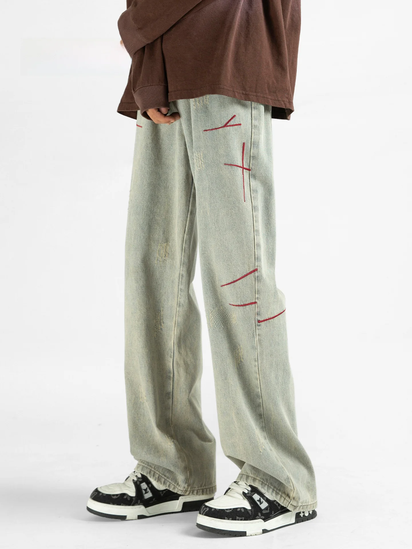 

Мужские джинсы MMOPTOP с эффектом грязевого окрашивания, прямые, свободного кроя, повседневные брюки в уличном стиле, для весны и осени, из смесового хлопка и полиэстера