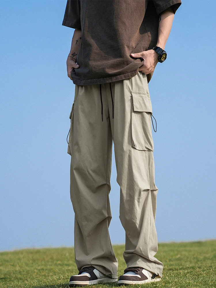 

American Sle Workwear Casual Pants Men Summer Thin Ice Silk Dstring Sports Trousers Wide Leg Design Breathable