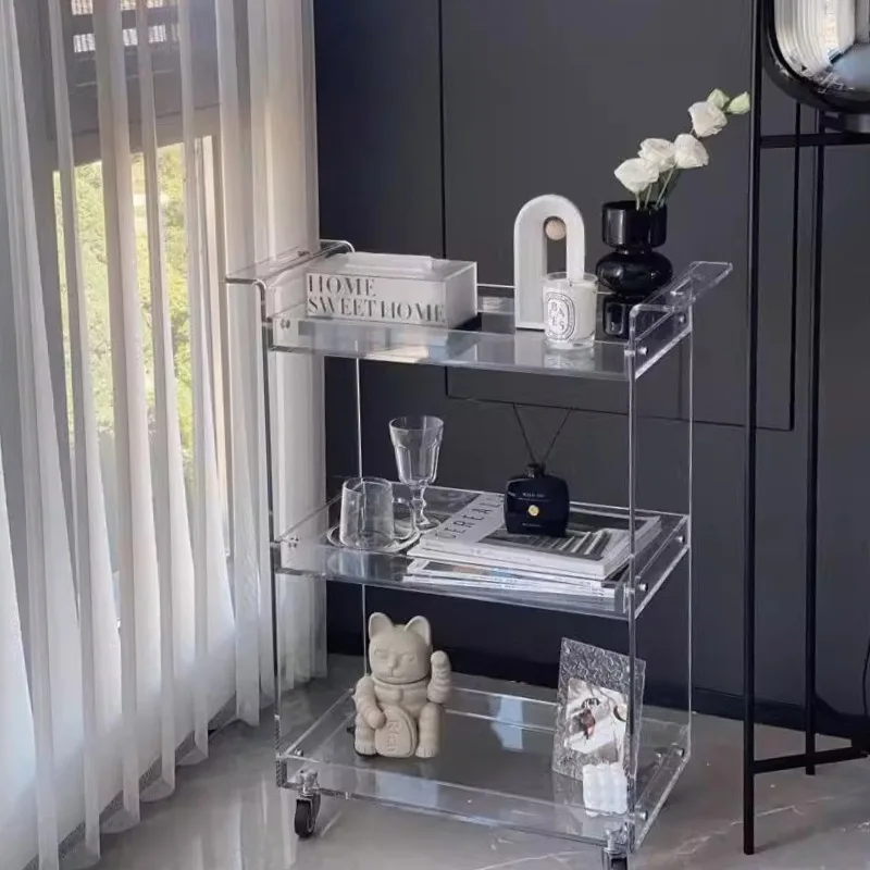 

Movable cart rack Transparent acrylic multi-layer simple storage rack Living room sofa side storage cabinet