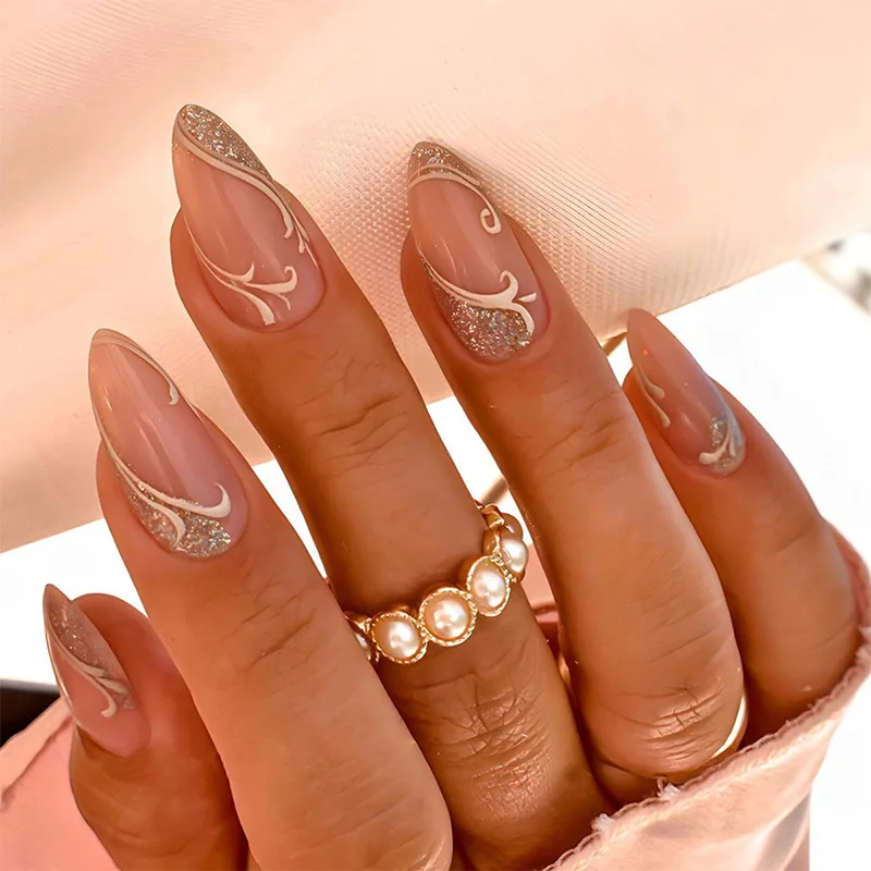 24 stuks zwarte Franse pers op nagels draagbaar roze halflange amandel nepnagels sets met glanzend poeder liefde ontwerp valse nageltips