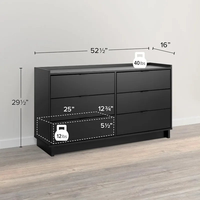 Prepac 더블 서랍 드레서, 심플한 블랙 드레서, 52.5 "W x 29.5" H x 16 "D