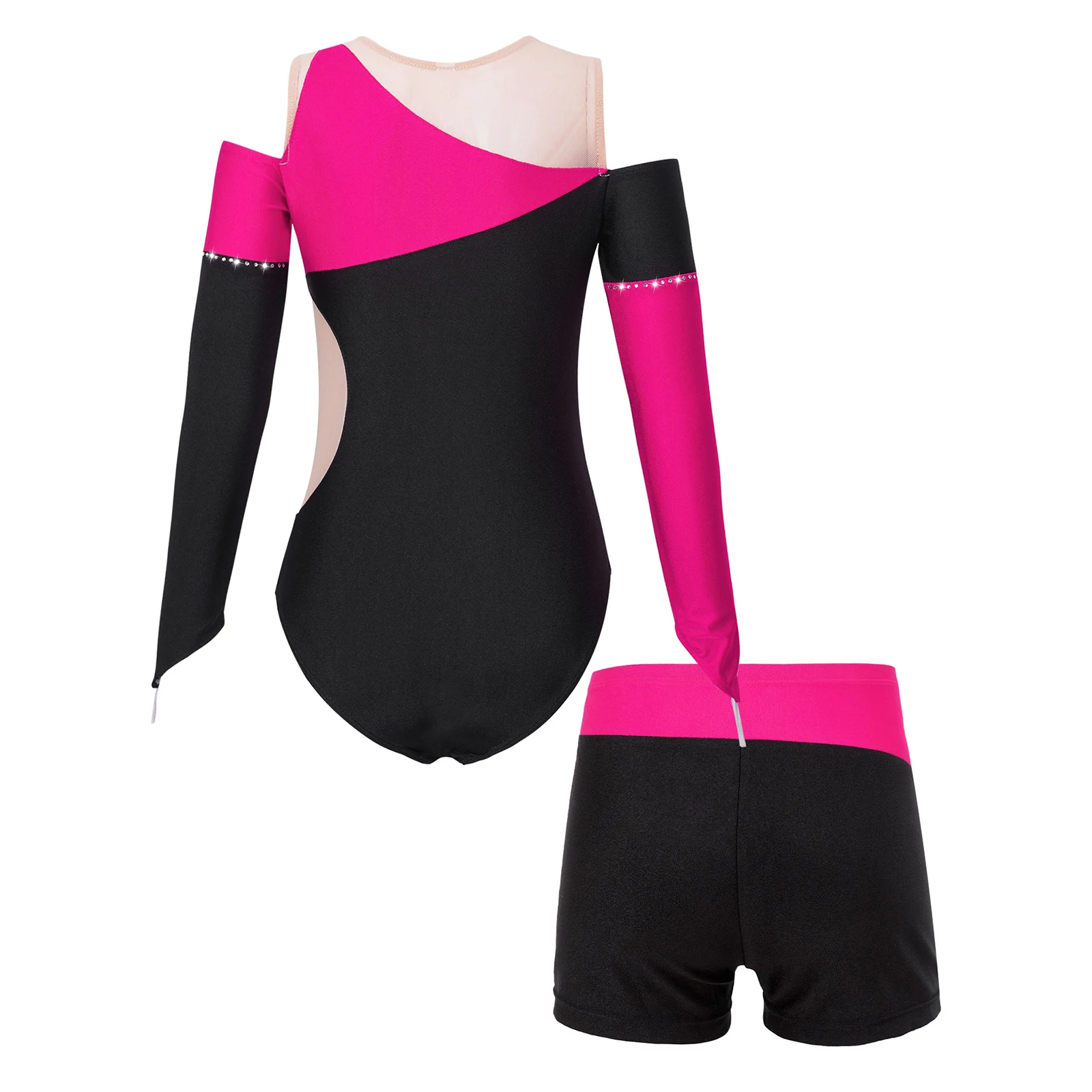 Kids Girls Two Piece Gymnastic Suit Long Sleeve Gym Bodysuit Dance with Jogging Short Pants Ballet Leotard Clothing for Children