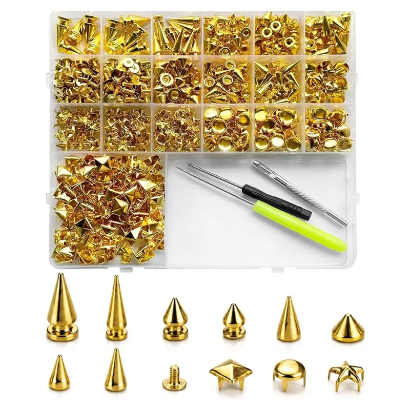 AB42-700Pcs Metal Punk Spikes And Studs Pyramid Round Kit (Gold) Suitable For Clothes DIY Leather Crafts Bags Shoes Belts