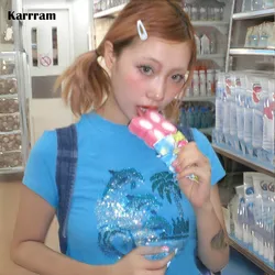 Karrram 일본 Y2k 라인스톤 티셔츠, 빈티지 하라주쿠 다이아몬드 프린트 티셔츠, 쓰레기 같은 2000 년대 미학 블루 티셔츠, 그런지