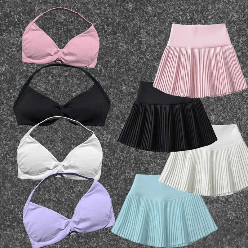 

Girls' Sports 2PC Pleated Skirt Short Skirt Anti Glare Yoga Skirt Pants Women's Fake Two-piece Quick Hanging Neck Sports Bra