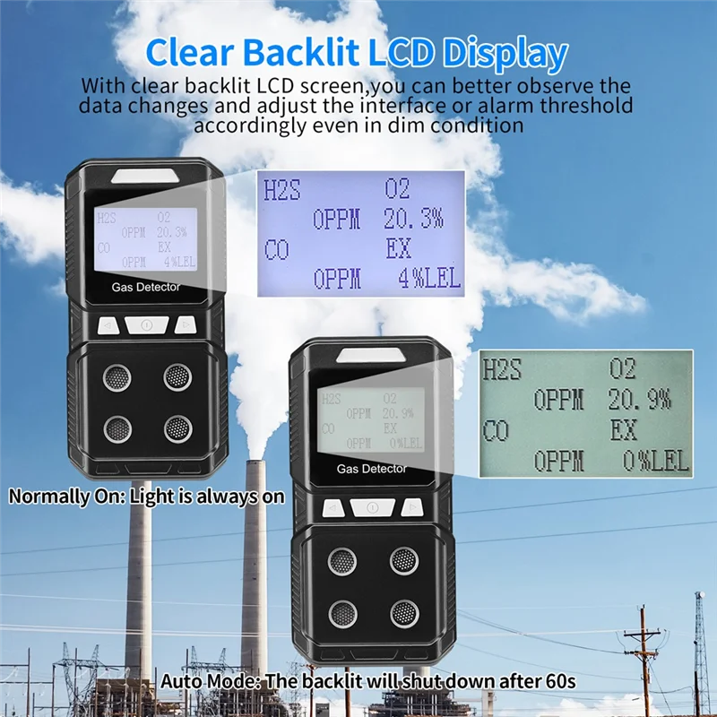 A48I Portable 4 Gas Detector Rechargeable Multi Gas Monitor Air Quality Tester Analyzer High Precision EX O2 H2S CO US Plug