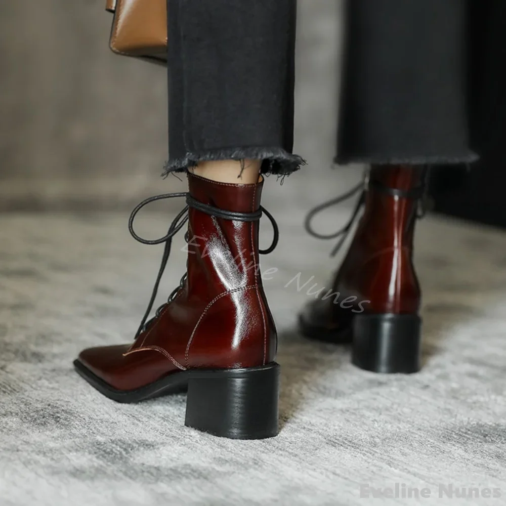 Genuine Leather Cross Tied Ankle Boots Women Retro Splicing Square Toe Chunky Heels Business Boots 2024 Spring New Modern Boots