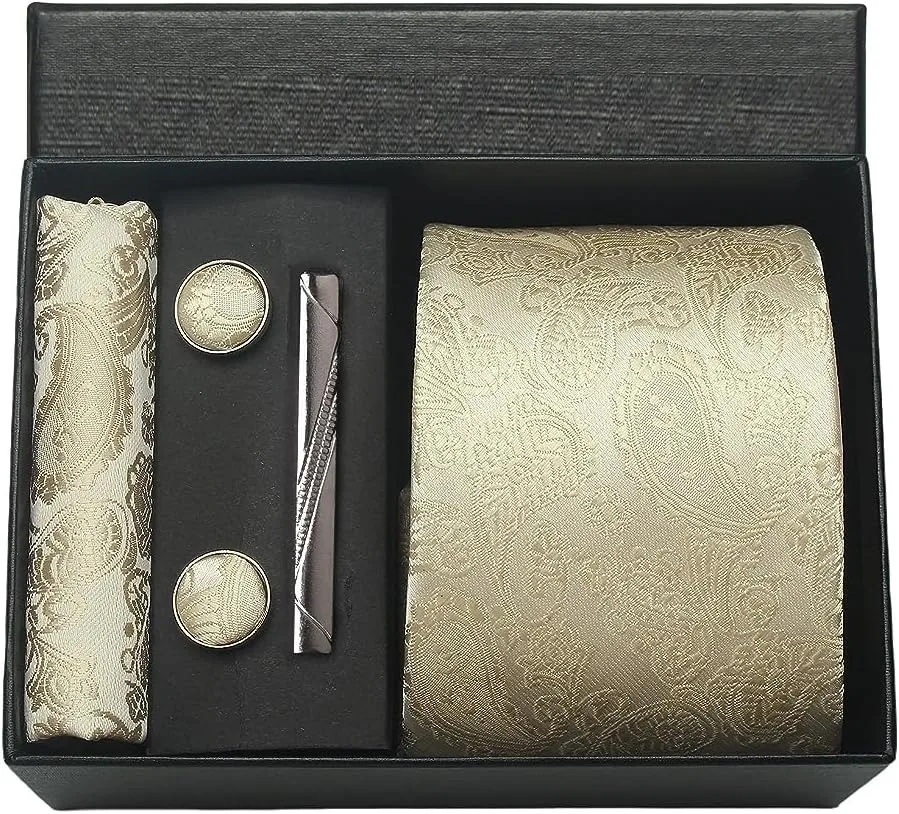 100 % Seidenkrawatte, Paisley-Blumenmuster, Herrenkrawatte, hochwertige Business-Krawatte, Einstecktuch, Krawattenklammer, Manschettenknöpfe-Set, klassisch, für Männer, Geschenkbox