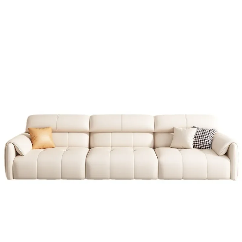 

Итальянский минималистичный кожаный кремовый стиль для гостиной, светлый, роскошный, для маленькой квартиры, первый слой, прямой рядный диван из воловьей кожи