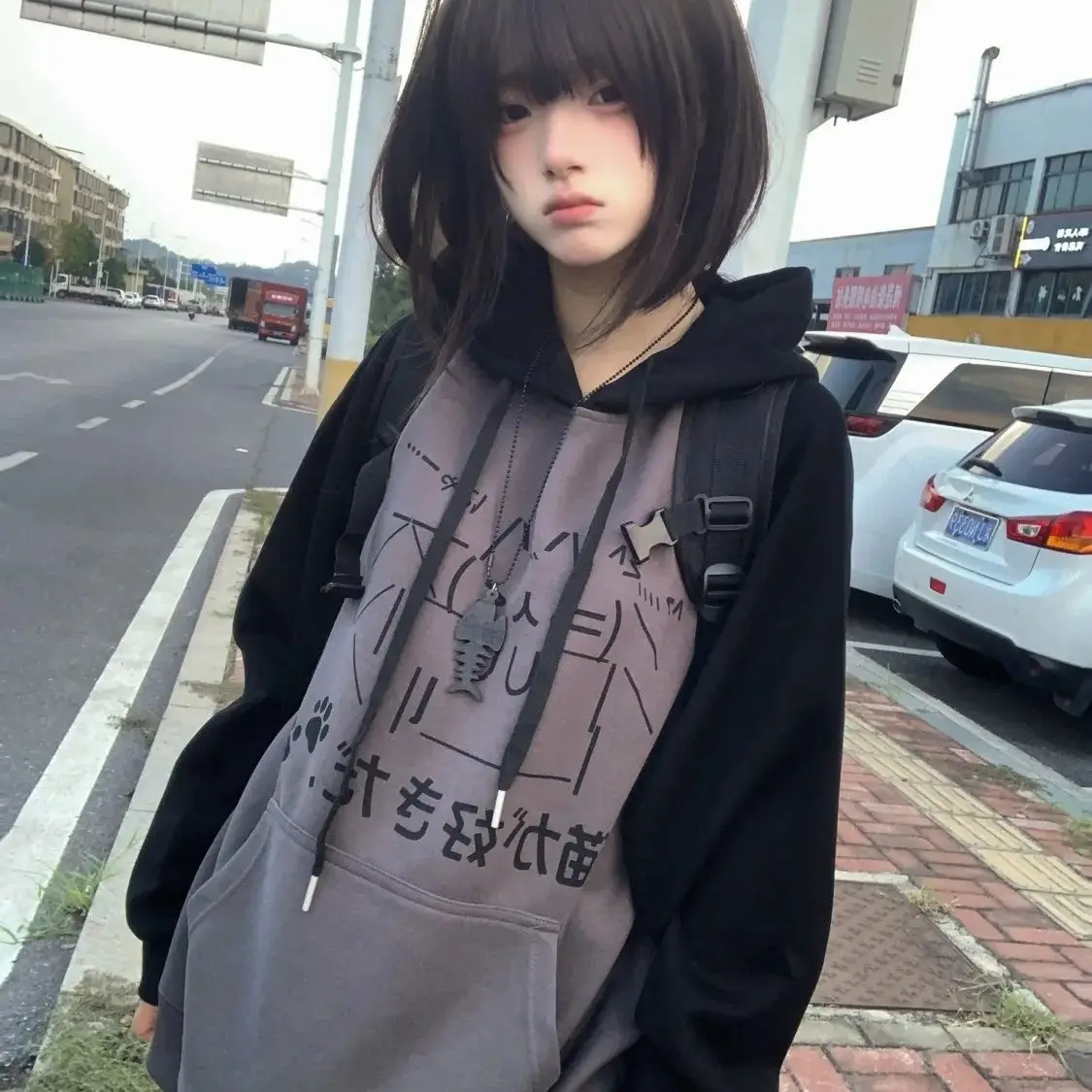 Cotton Contrasting Pullover Long-sleeved Sweater Shoulder 2025 Japanese Subculture Hooded Cute Print Coat