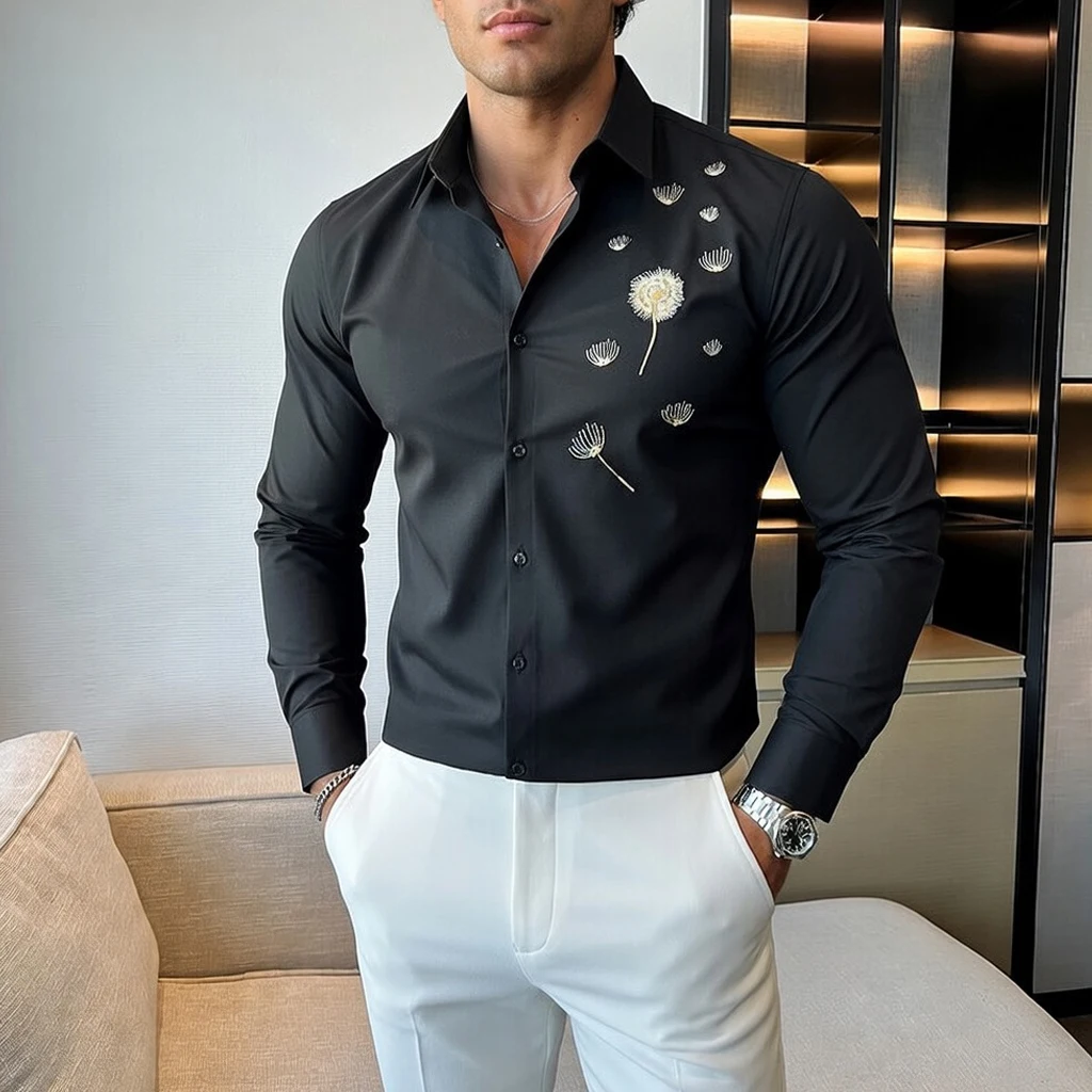 

Fashion Elegant Dandelion Embroidery Men's Long-Sleeve Shirt Business Casual Slim Fit Men Dress Shirts Spring Trendy Streetwear