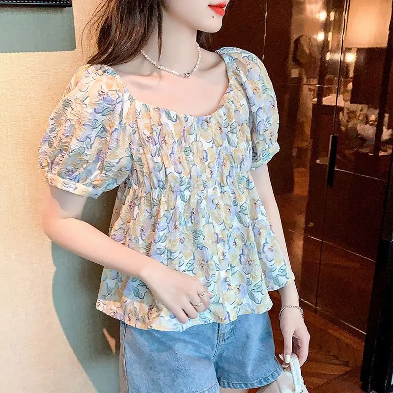 Women Ruffled Floral Print Square Collar Kawaii Sweet Blouse Summer Trendy Short Sleeve Slim Casual Shirt Korean Style Chic Tops