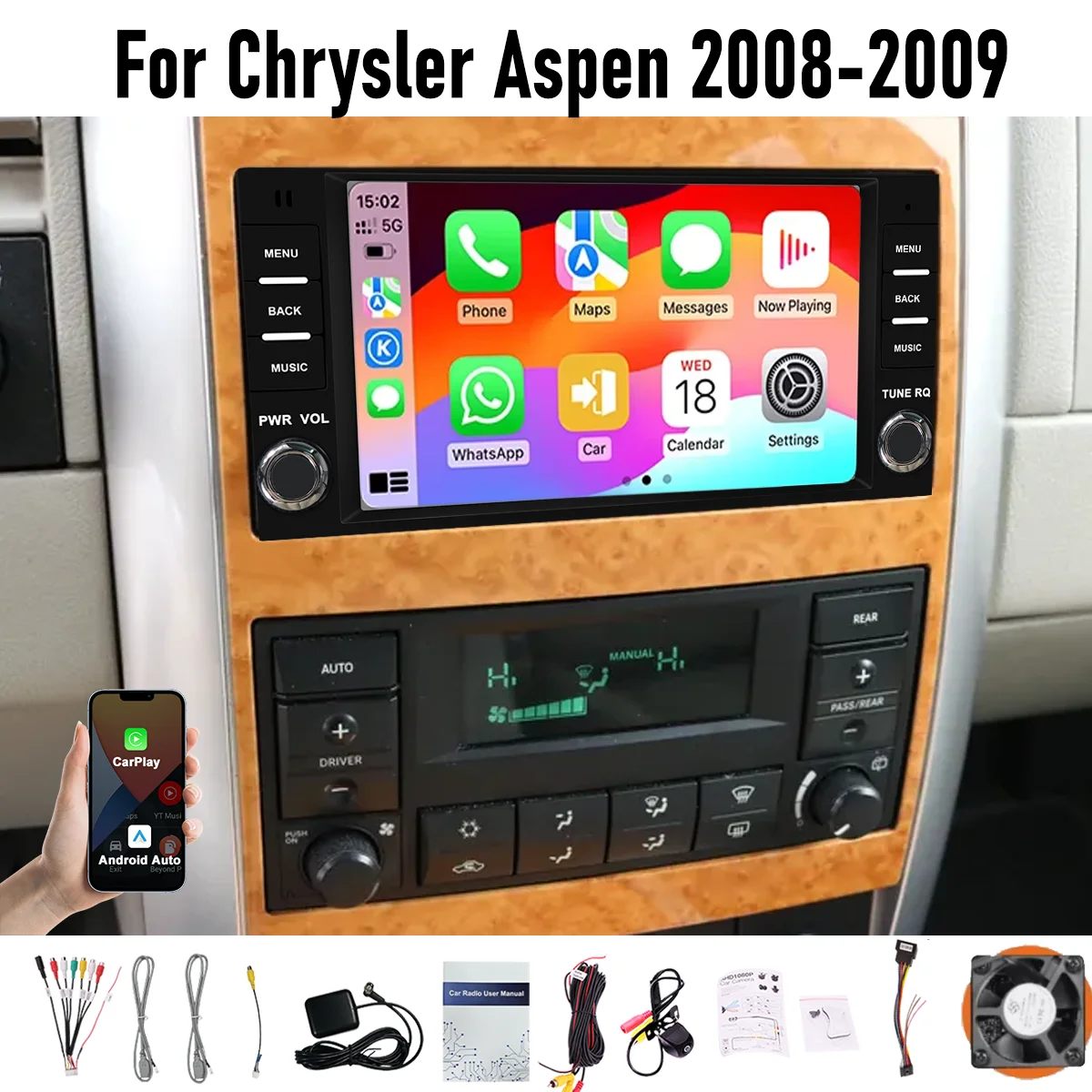 7“ Wireless CarPlay Android auto 6-128GB (8CORE) For Chrysler Aspen 2008-2009 Screen Android15 Head Unit GPS Navigation Radio