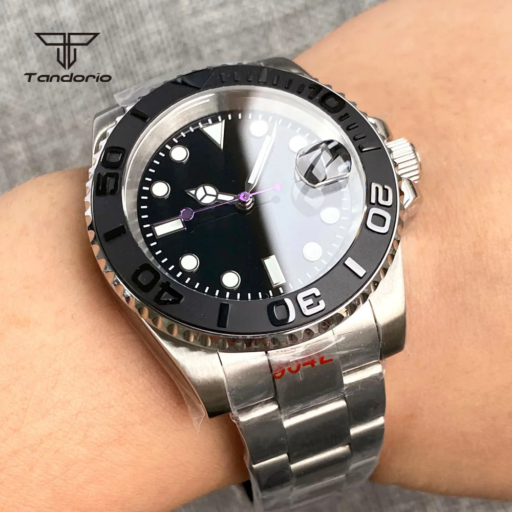 Tandorio NH35A 40mm Men Automatic Dive Watch Sapphire Glass Black Sterile Dial Purple Second Pointer Rotating Bezel Screw Crown