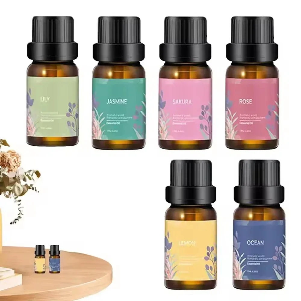 6-Piece Essential Oil Set, Diffusers, Lily, Jasmine, Lemon, Ocean, Rose, Sakura, Therapeutic Scents